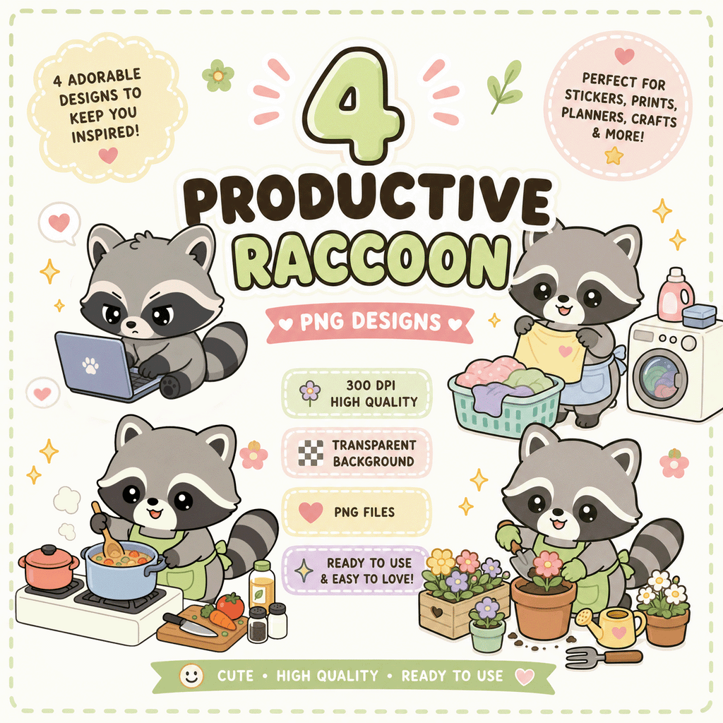 Productive Kawaii Raccoon PNG Designs for Stickers, Stationery and Print on Demand
