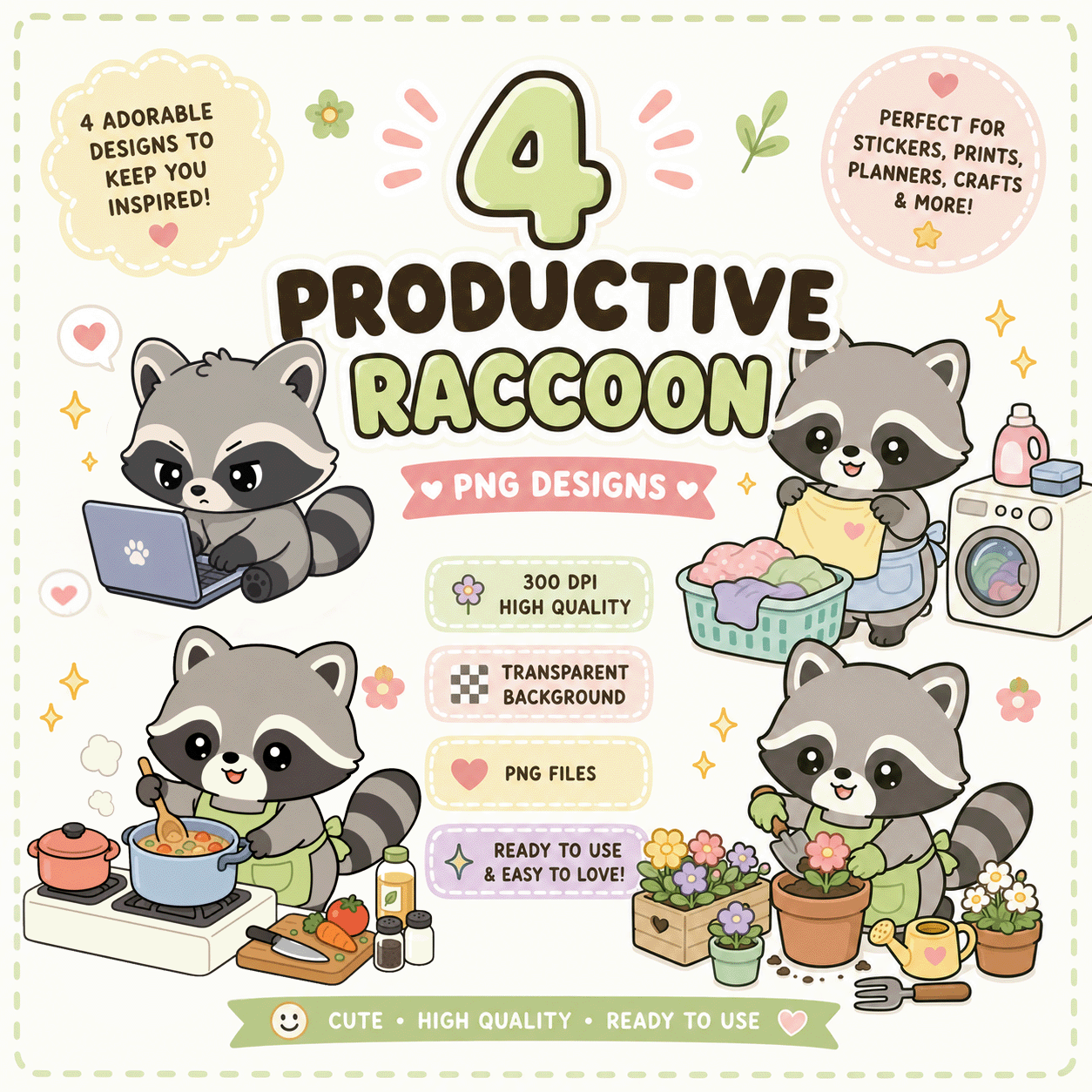 Productive Kawaii Raccoon PNG Designs for Stickers, Stationery and Print on Demand