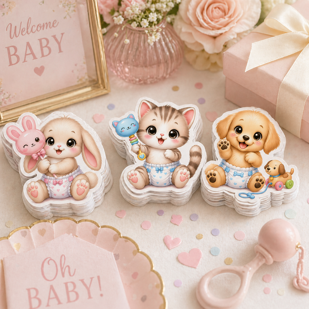 Kawaii Animals for Baby Shower Designs Kitten, Puppy and Bunny Illustrations