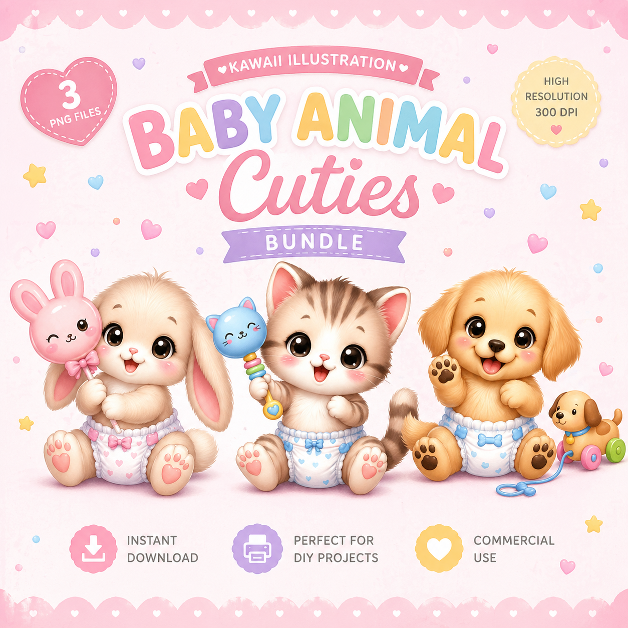 Kawaii Animals for Baby Shower Designs Kitten, Puppy and Bunny Illustrations