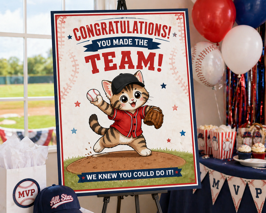 Kawaii Baseball Kitten Illustrated Clipart for Graphic Designers