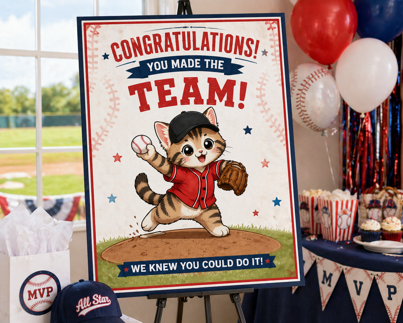 Kawaii Baseball Kitten Illustrated Clipart for Graphic Designers