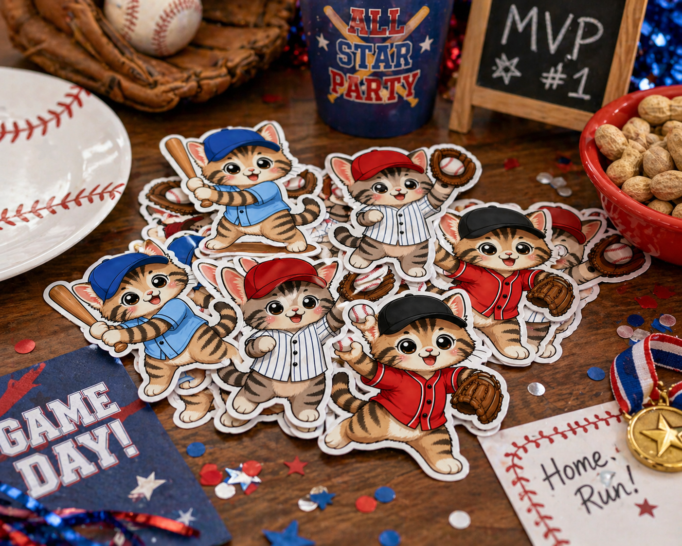 Kawaii Baseball Kitten Illustrated Clipart for Graphic Designers