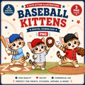 Kawaii Baseball Kitten Illustrated Clipart for Graphic Designers