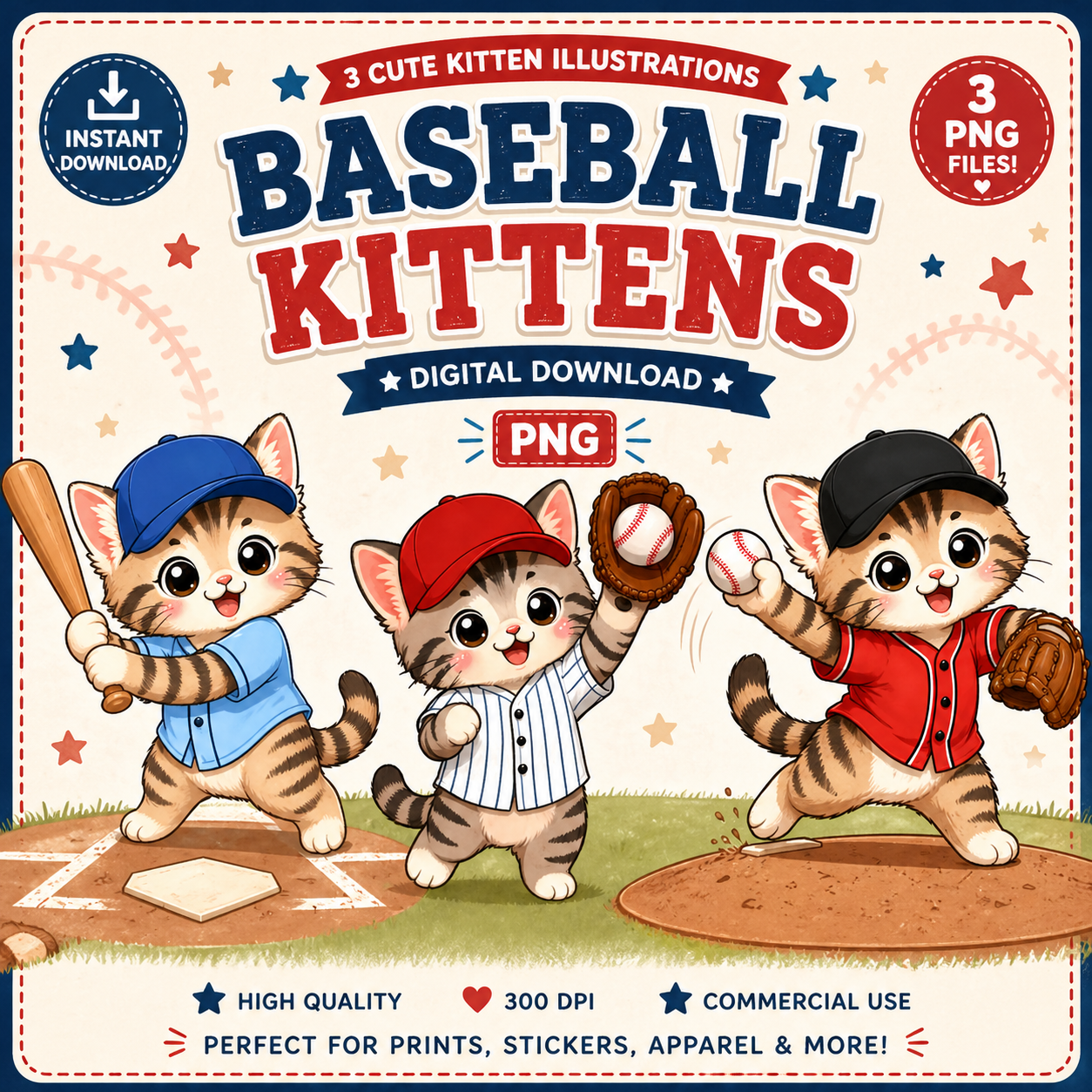 Kawaii Baseball Kitten Illustrated Clipart for Graphic Designers