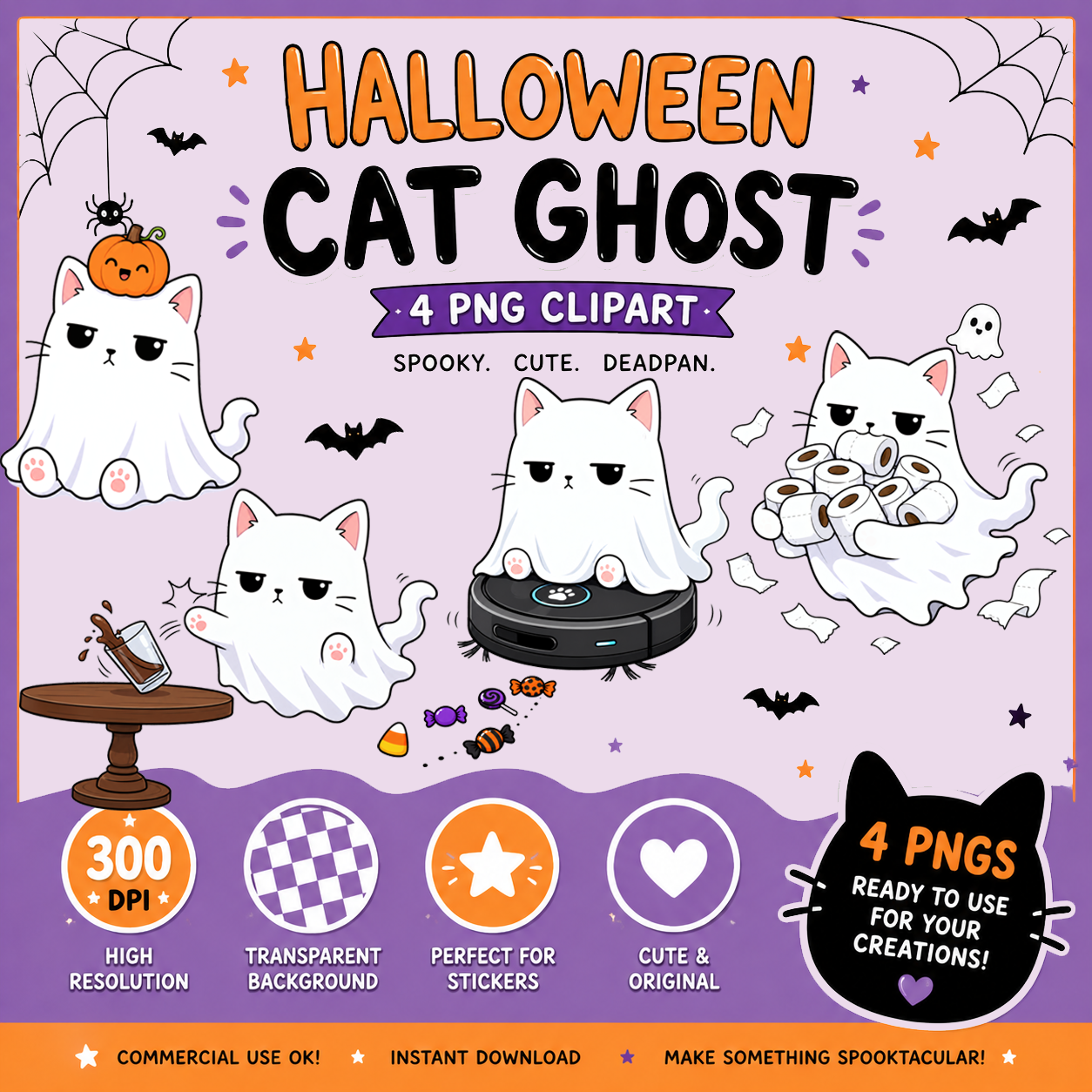 Moody Halloween Cat Ghost PNG Clipart for Stickers, Spooky Printables, POD
