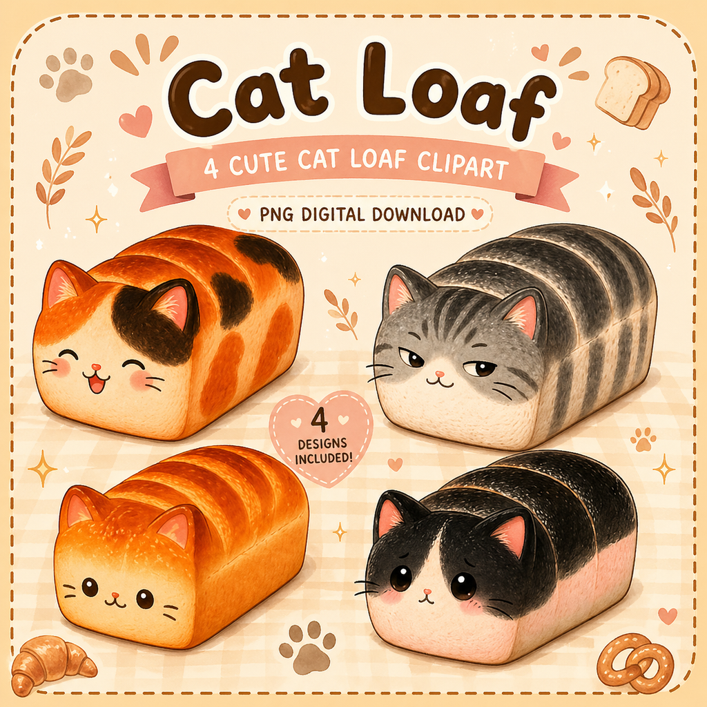 Kawaii Cat Loaf Clipart Adorable Bread Kitten PNG for Stickers, POD