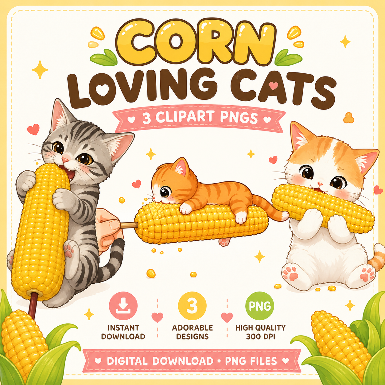 Cute Corn Cat Clipart Kawaii Animal PNG Digital Stickers Commercial Use