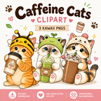 Caffeine Cats in Hats PNG for Print on Demand Kawaii Cat with Coffee Clipart Commercial Use