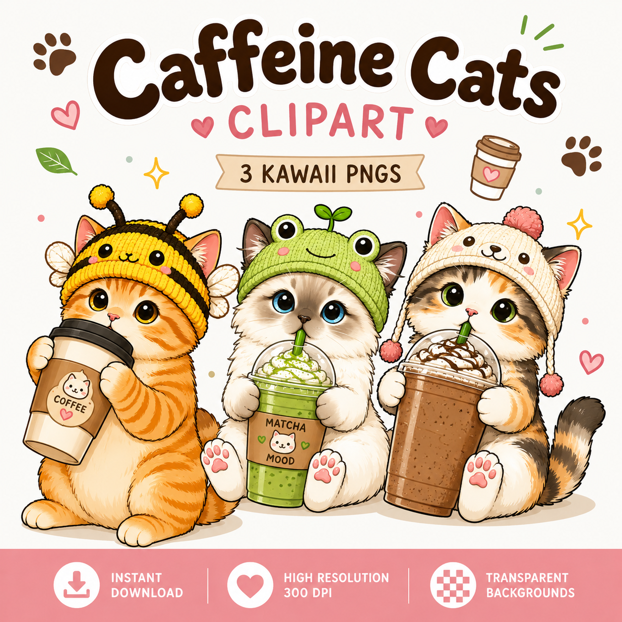 Caffeine Cats in Hats PNG for Print on Demand Kawaii Cat with Coffee Clipart Commercial Use