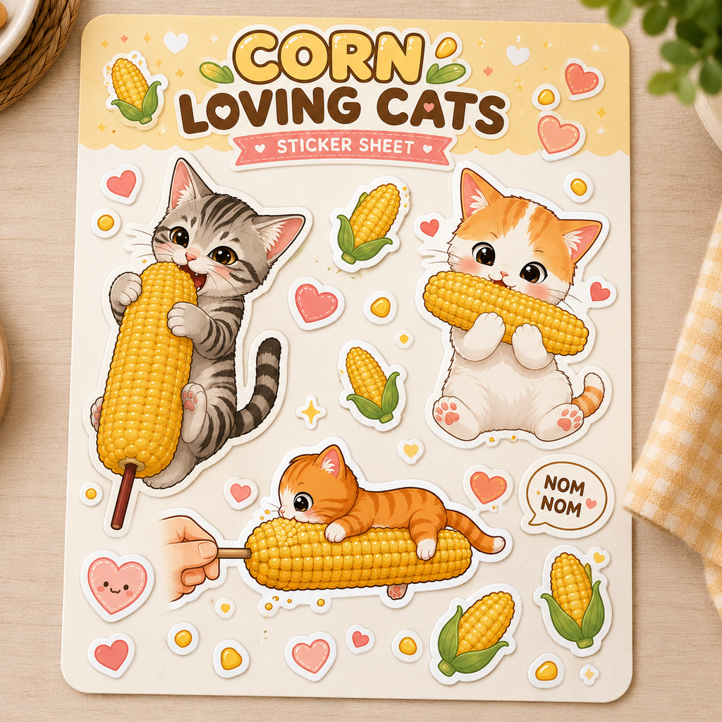 Cute Corn Cat Clipart Kawaii Animal PNG Digital Stickers Commercial Use