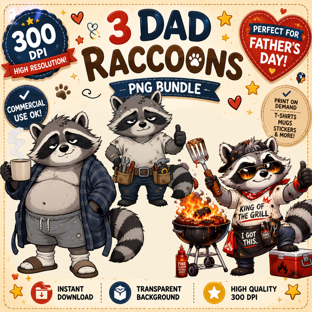 Funny Kawaii Raccoon Designs for Dad T-Shirts Father's Day Print on Demand Artwork