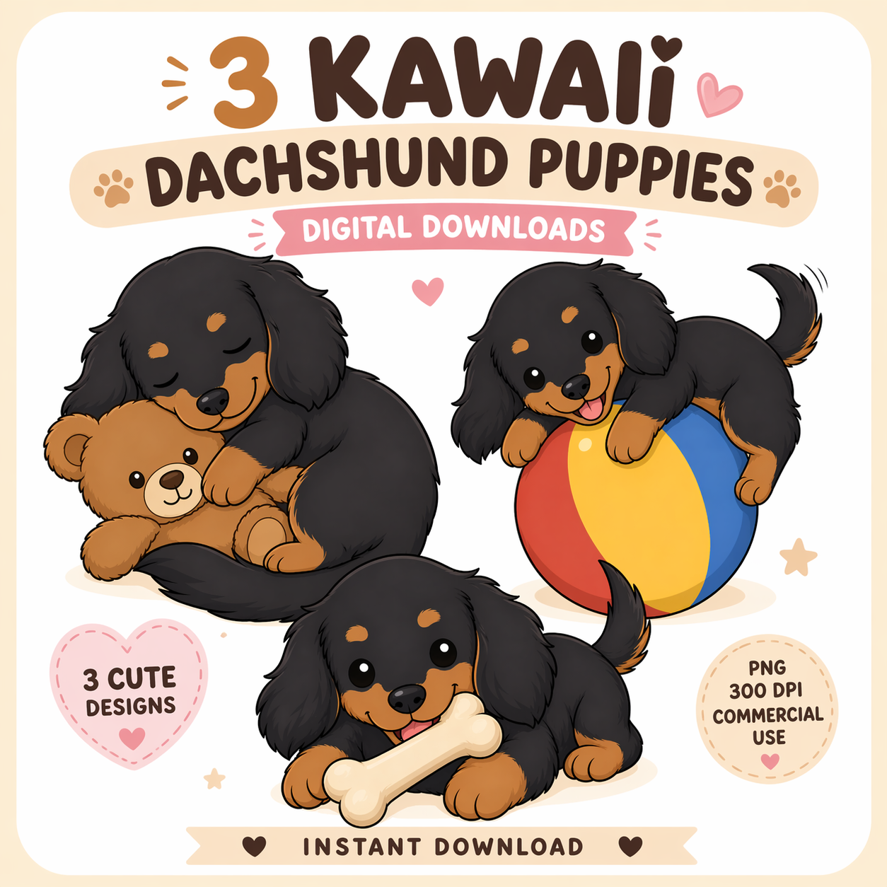 Kawaii Dachshund Puppy Illustrations for Graphic Designers