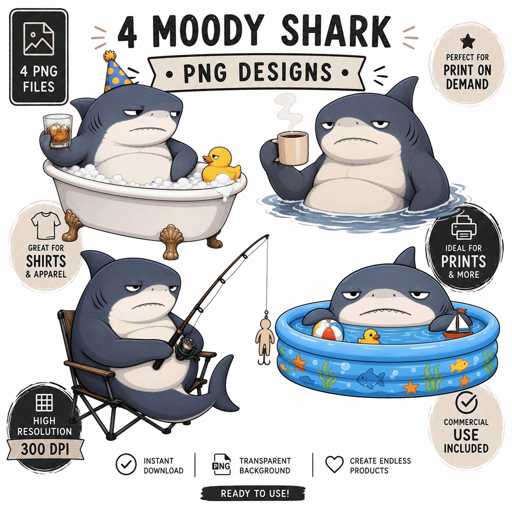 Moody Shark PNG Designs for Shirts Mugs Deadpan Humor Products