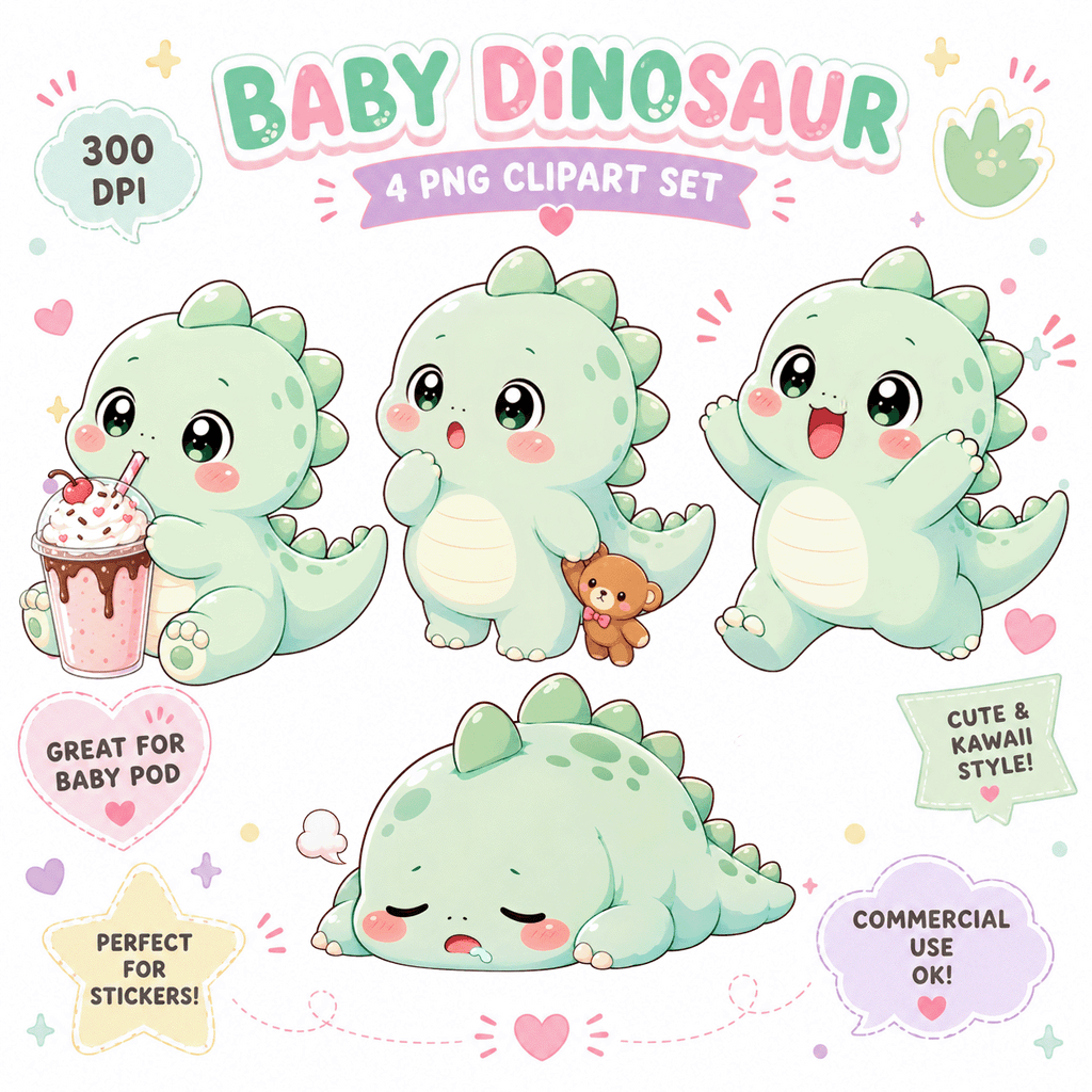 Chibi Baby Dinosaur PNG Design for Baby Gifts and Nursery Printables