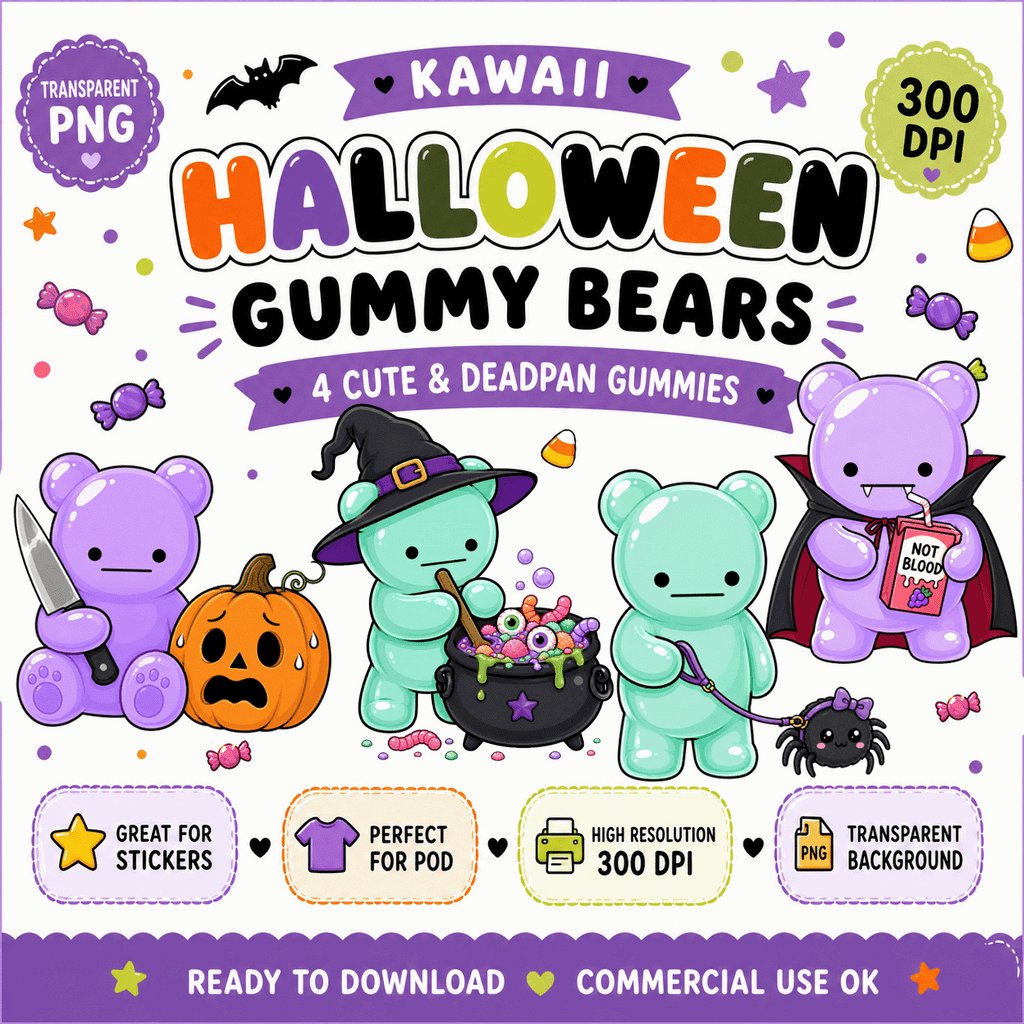 Halloween Gummy Bears PNG Clipart Set Cute Deadpan Bear Designs for Fall Crafts