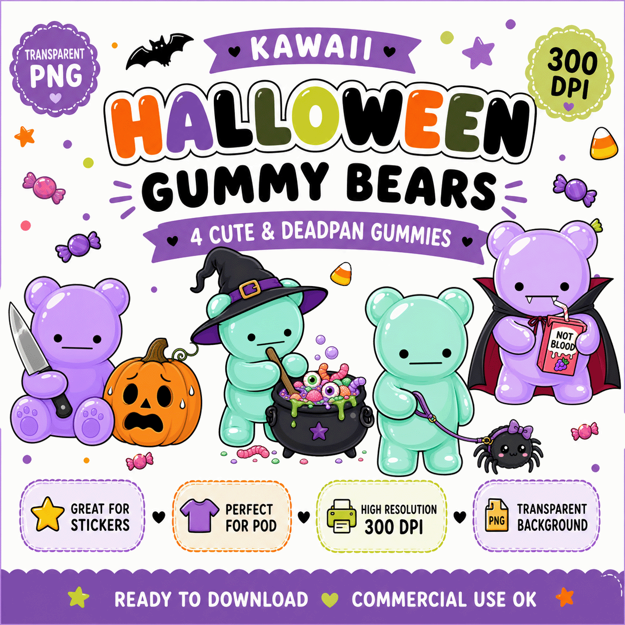 Halloween Gummy Bears PNG Clipart Set Cute Deadpan Bear Designs for Fall Crafts