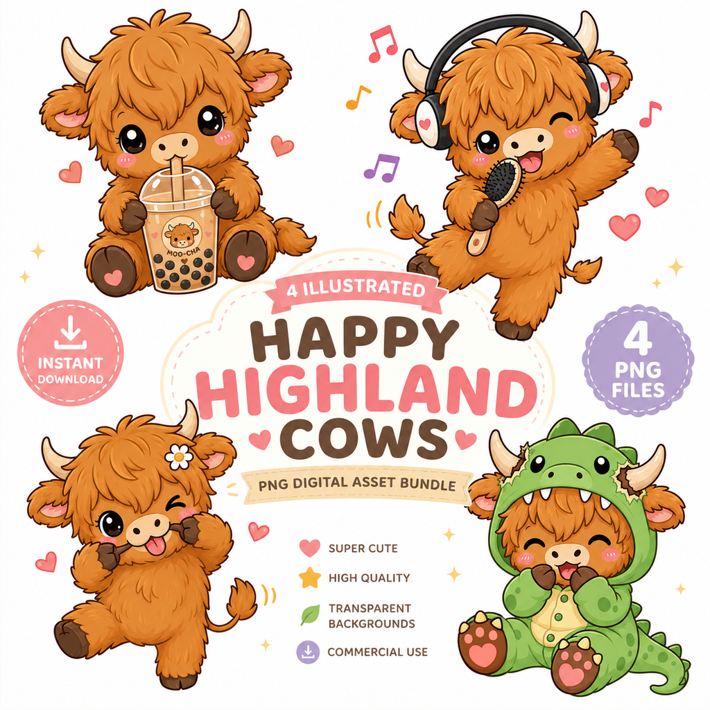 Happy Highland Cow PNG Digital Assets for POD, Sticker Making, Commecial Use included