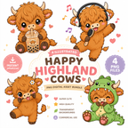 Happy Highland Cow PNG Digital Assets for POD, Sticker Making, Commecial Use included