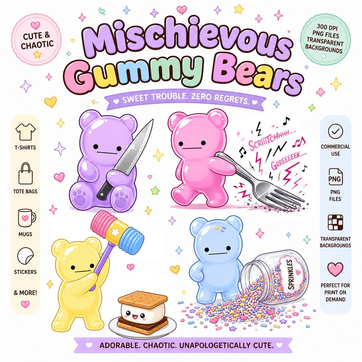 Mischievous Gummy Bears PNG Clipart Set Funny Kawaii Gummy Bear Designs for T-Shirts