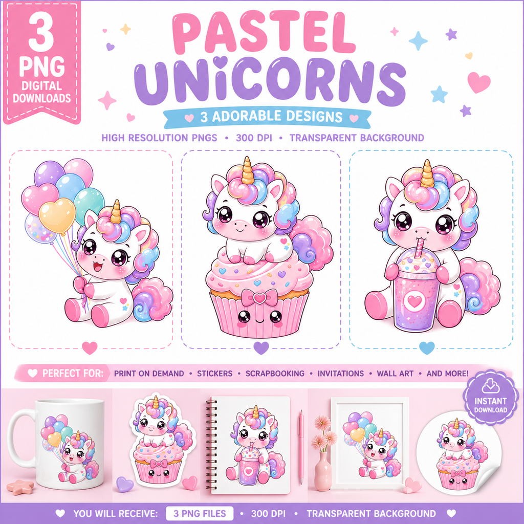 Pastel Kawaii Unicorn PNG for Stickers, Print on Demand, Birthday Invitations