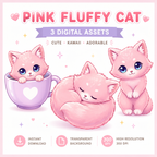 Pink Fluffy Cat Digital Assets Cute Kawaii Cat PNG Clipart Commercial Use Graphics
