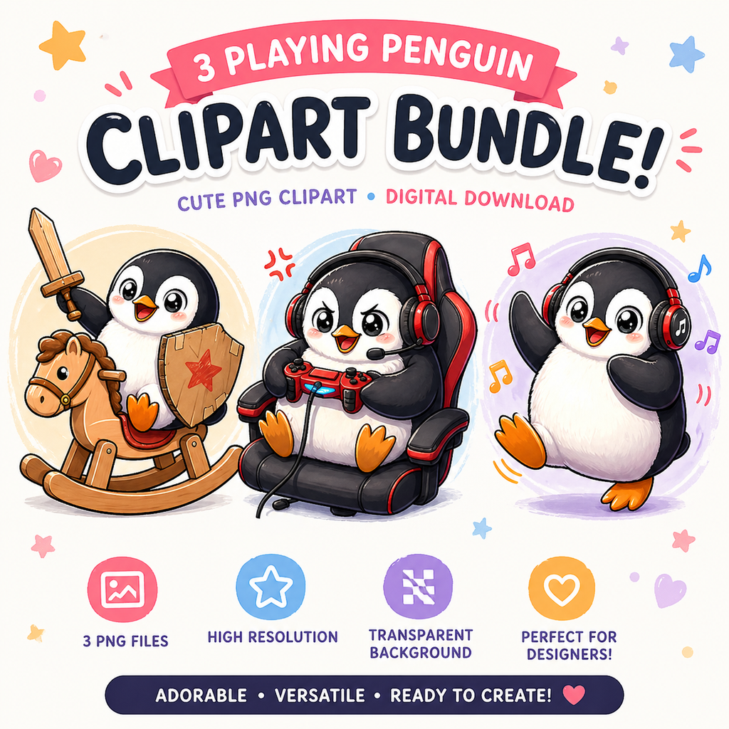 Playing Kawaii Penguin Illustrations Digital Download Clipart for POD Designers