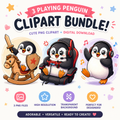 Playing Kawaii Penguin Illustrations Digital Download Clipart for POD Designers