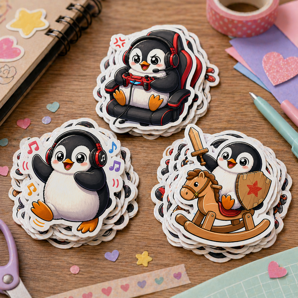 Playing Kawaii Penguin Illustrations Digital Download Clipart for POD Designers