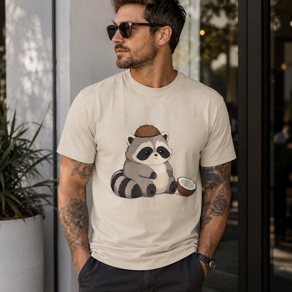 Man wearing a beige t-shirt with a raccoon graphic holding a coconut, standing outdoors.