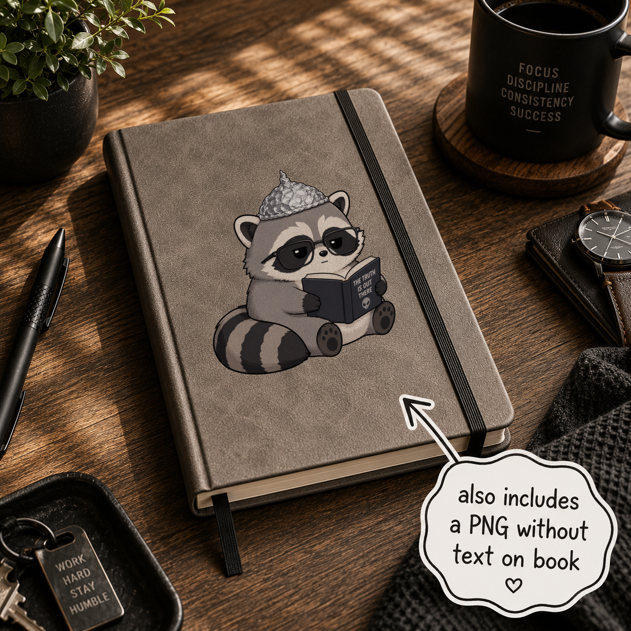 Notebook with a raccoon illustration on a wooden desk with a mug and plant.