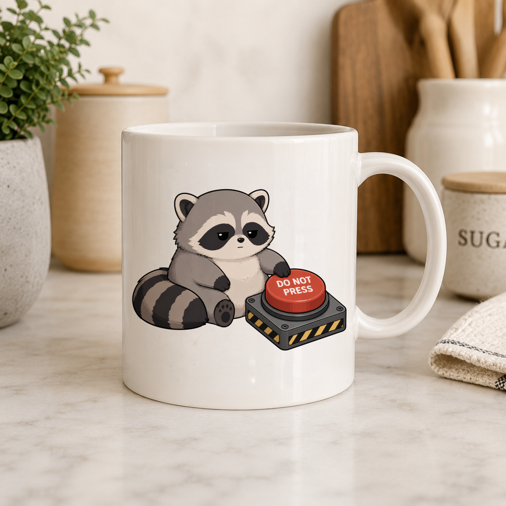 White mug with a raccoon design holding a red button labeled 'Do Not Press' on a kitchen counter.