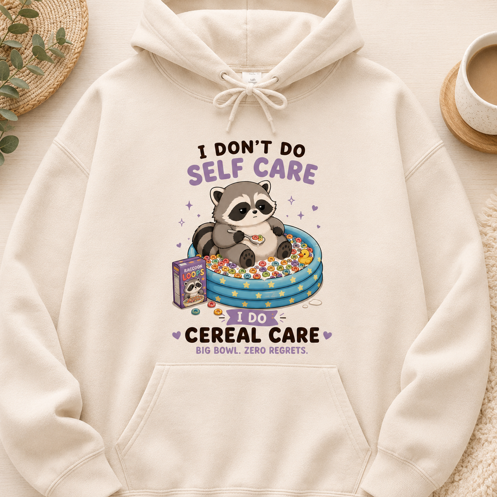 Beige hoodie with a raccoon graphic and text on a neutral background