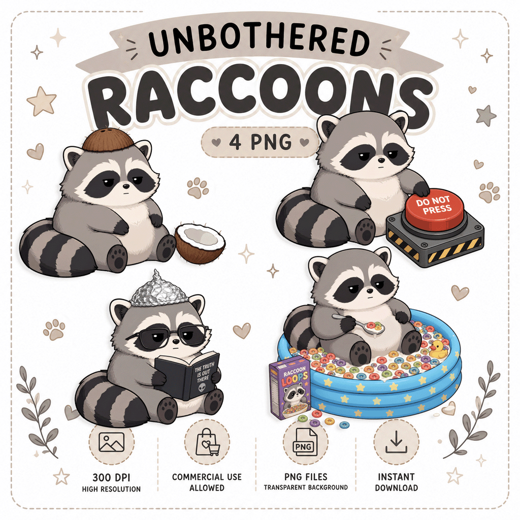 Illustrations of cartoon raccoons with various poses on a white background.