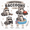 Illustrations of cartoon raccoons with various poses on a white background.