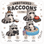 Illustrations of cartoon raccoons with various poses on a white background.