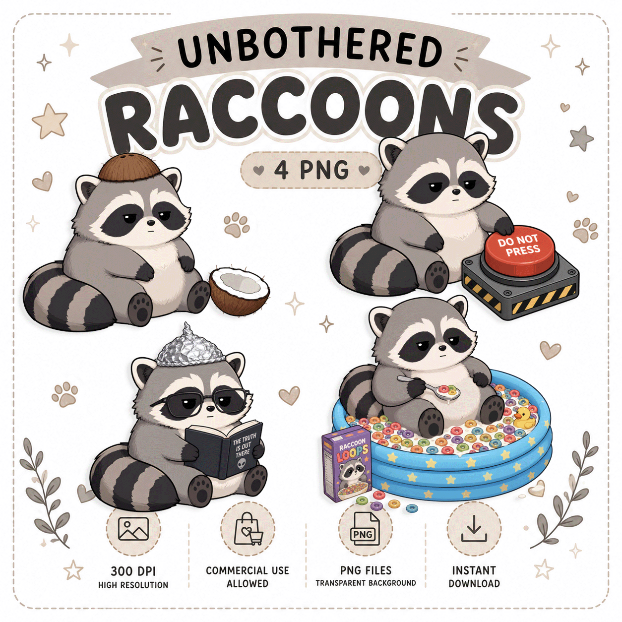 Illustrations of cartoon raccoons with various poses on a white background.