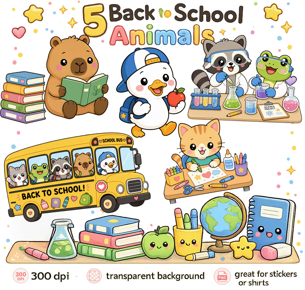 Back to School Animals PNG Set Kawaii School Clipart Cute Teacher PNG Duck Cat Capybara Raccoon Frog PNG