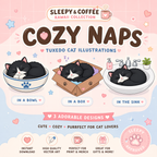 Kawaii Tuxedo Cat Sleeping in Bowl, Box and Sink Digital Artwork for POD