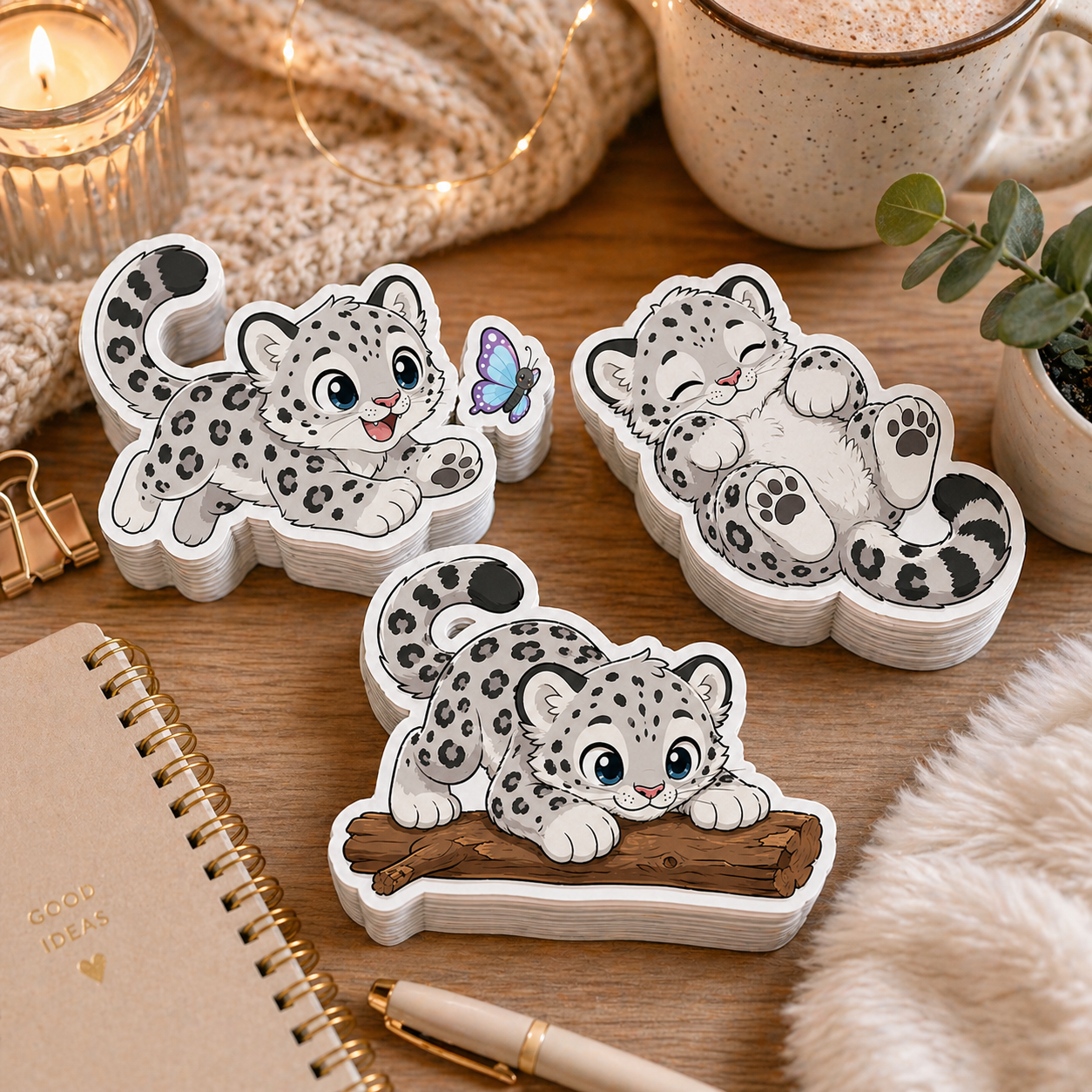Kawaii Snow Leopard Cub Illustrations for Graphic Designers, Canva Clipart