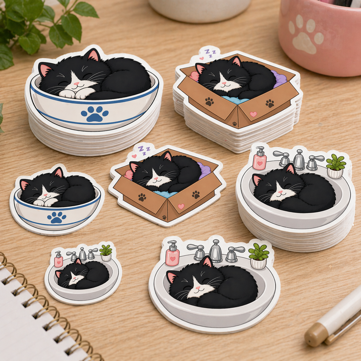 Kawaii Tuxedo Cat Sleeping in Bowl, Box and Sink Digital Artwork for POD