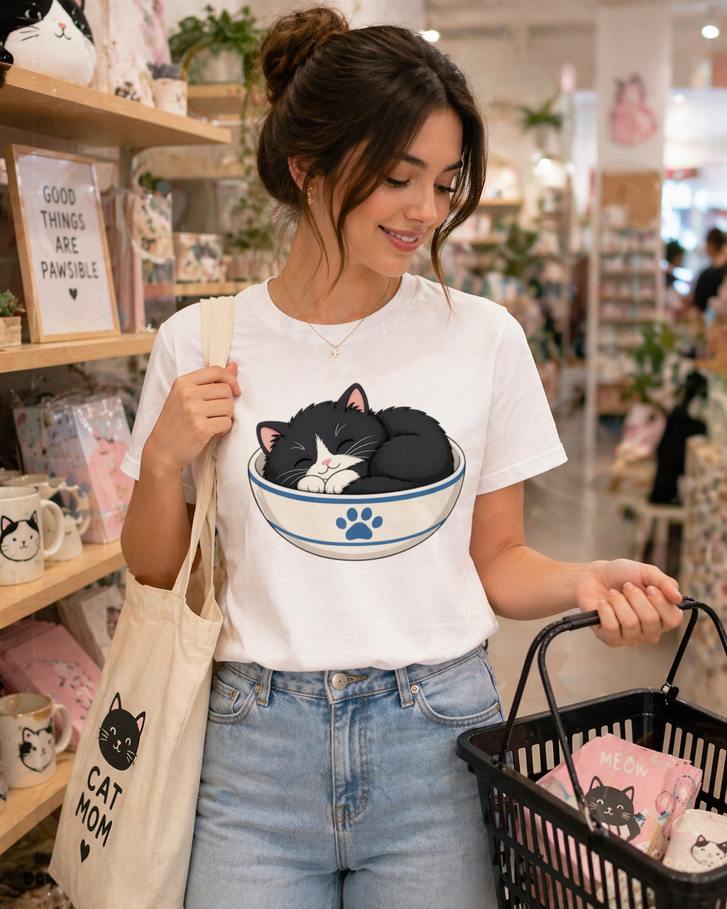 Kawaii Tuxedo Cat Sleeping in Bowl, Box and Sink Digital Artwork for POD