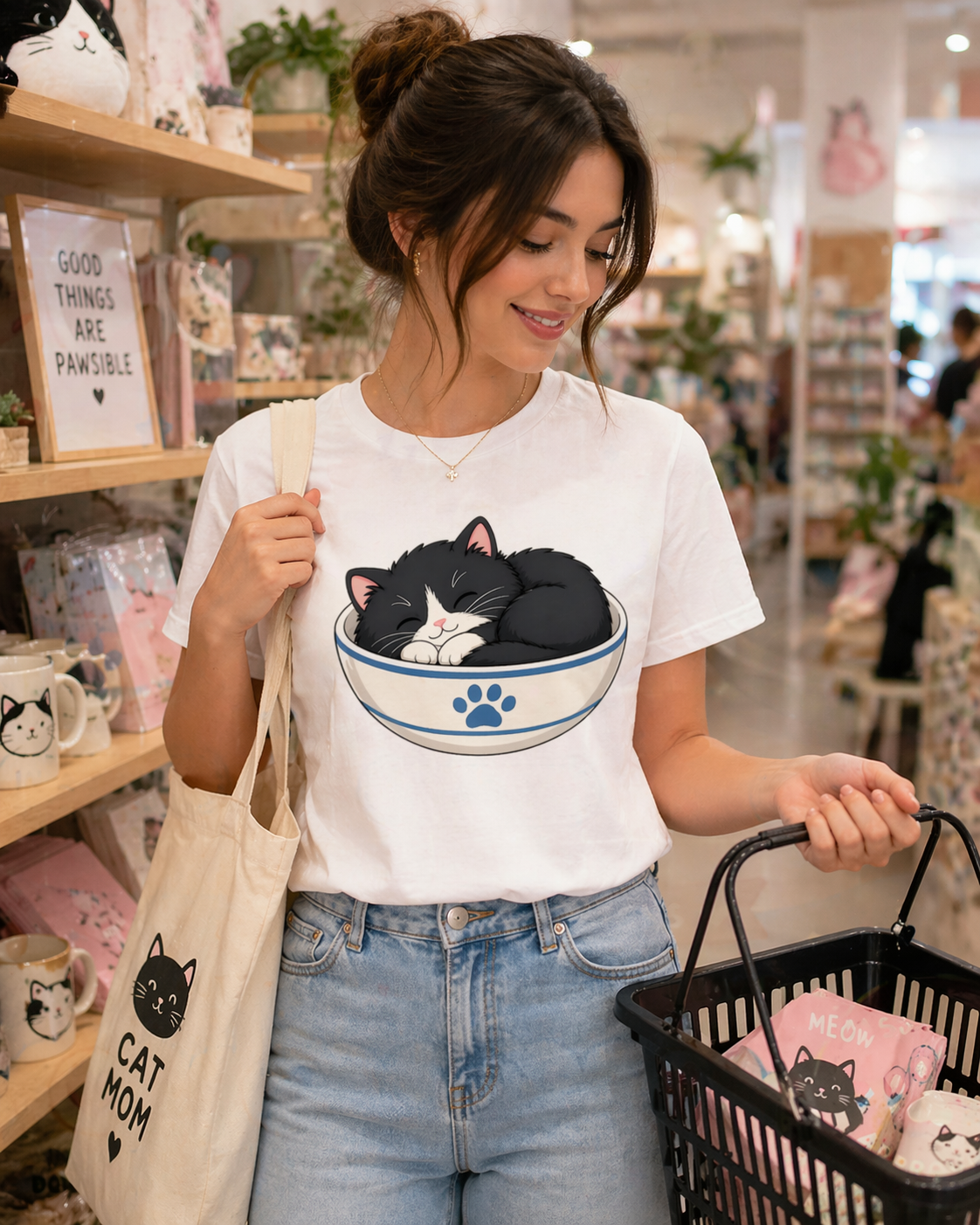 Kawaii Tuxedo Cat Sleeping in Bowl, Box and Sink Digital Artwork for POD