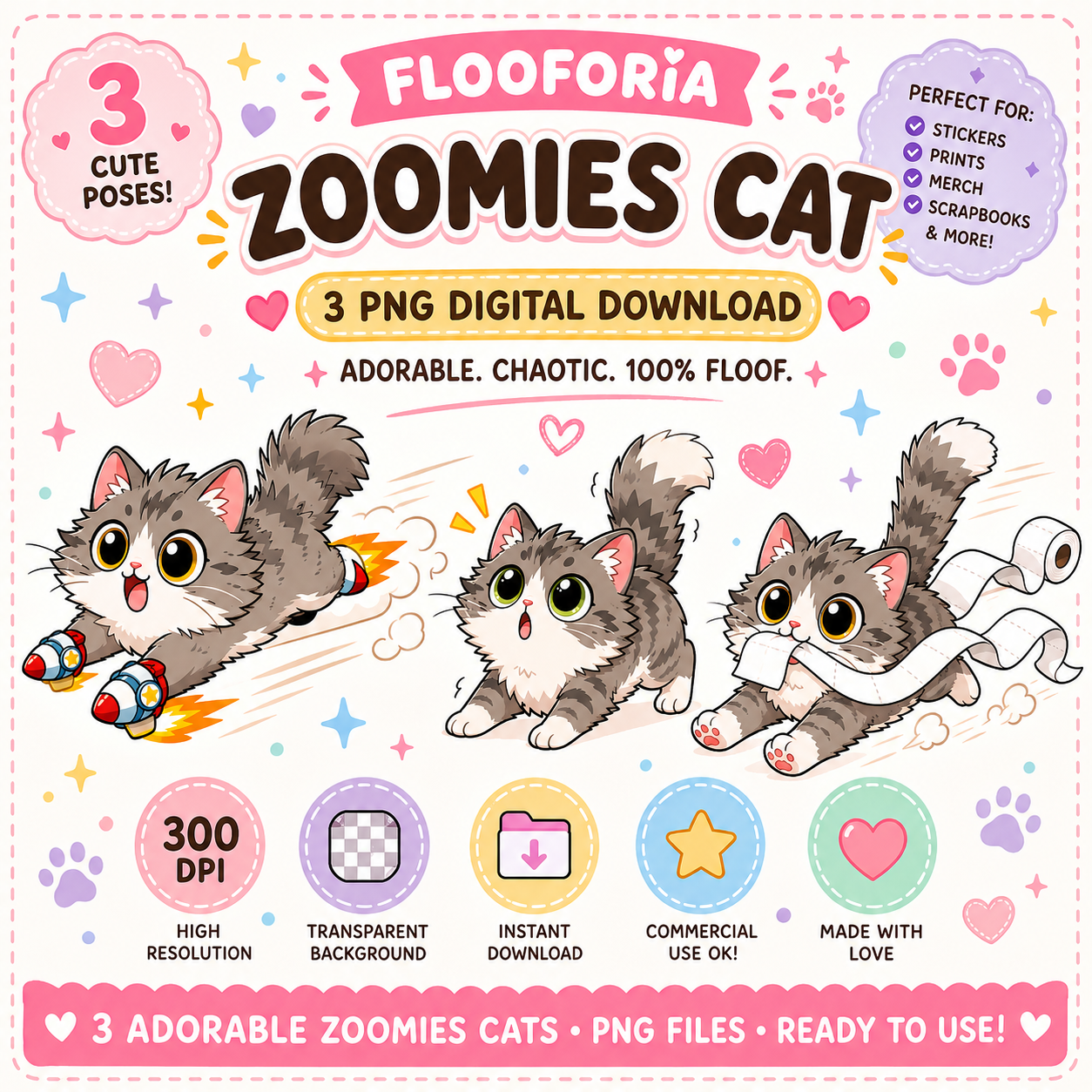 Zoomies Cat PNG Clipart for Shirts Set Cute Kawaii Cats Digital Download